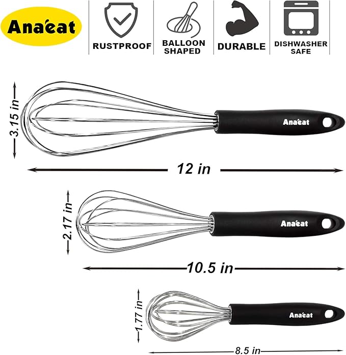 3 Packs Stainless Steel Whisk Set - Balloon Whisk, Anaeat Thick Stainless Steel Wire 竊?Strong Handles, Egg Beater for Cooking, Blending, Whisking, Beating and Stirring (9"+11"+12")