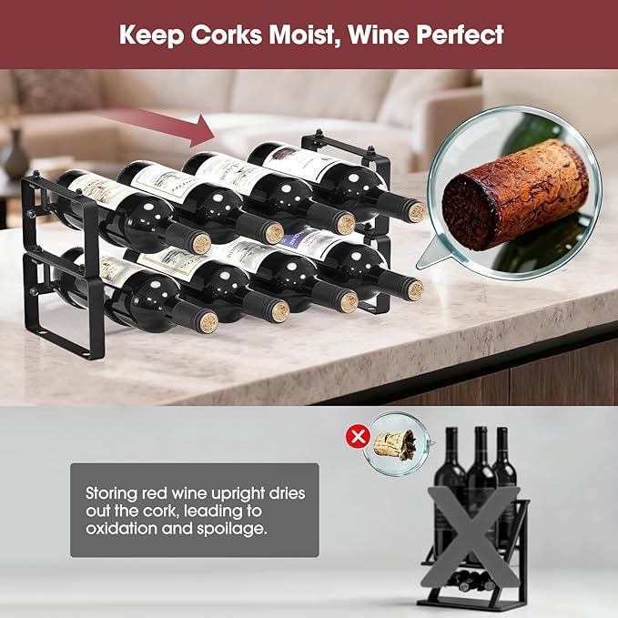Stackable Wine Rack Countertop, 8 Bottles Wine Bottle Holder for Inside Cabinet, Small Tabletop Wine Holder Stand for Pantry Bar, 2-Tier Angle Adjustable Wine Bottle Rack for Tight Spaces