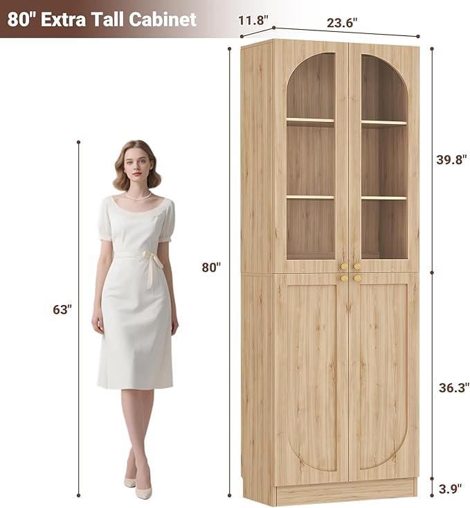 Cyclysio 80" Kitchen Pantry Cabinet, Tall Arch Storage Cabinet with Glass Doors, Freestanding Wood Floor Cupboard Bookcase with Seamless Fit Wall for Dining Room, Living Room, Bathroom (Natural)