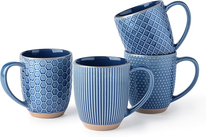 GBhome Large Coffee Mugs Set of 4, 16oz Handmade Embossed Coffee Mugs Set with Large Handle for Cappuccino/Latte/Tea/Hot Cocoa, Dishwasher & Microwave Safe, Blue