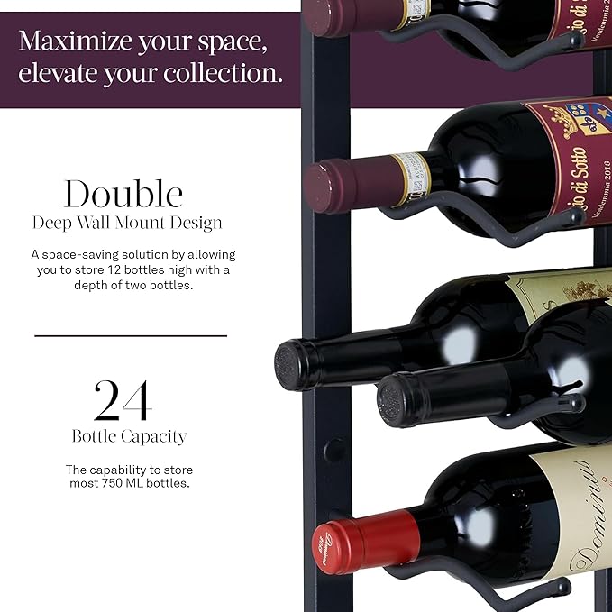 Wine Enthusiast N'FINITY 24 Bottle Wall Mounted Metal Wine Rack ??Label Forward Wine Rack with Easy Installation - 4' Tall, 2 Column Deep (Black)