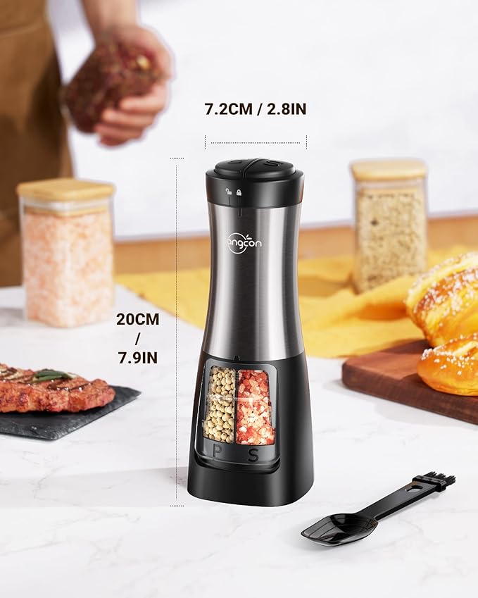 Sangcon Electric Salt and Pepper Grinder Set Shaker 2 IN 1 - Automatic Salt and Pepper Grinder Mill, Battery Powered One-Handed Operation Refillable with Light Dual Ceramic Mill