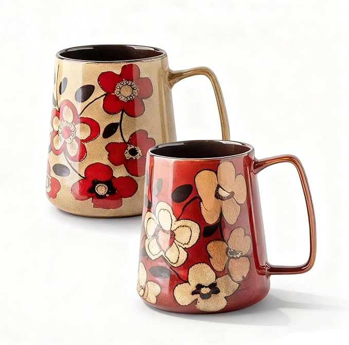 Extra Large Tall Coffee Mugs with Handle - Set of 2, 24 oz Ceramic, Dishwasher & Microwave Safe, Flower Design