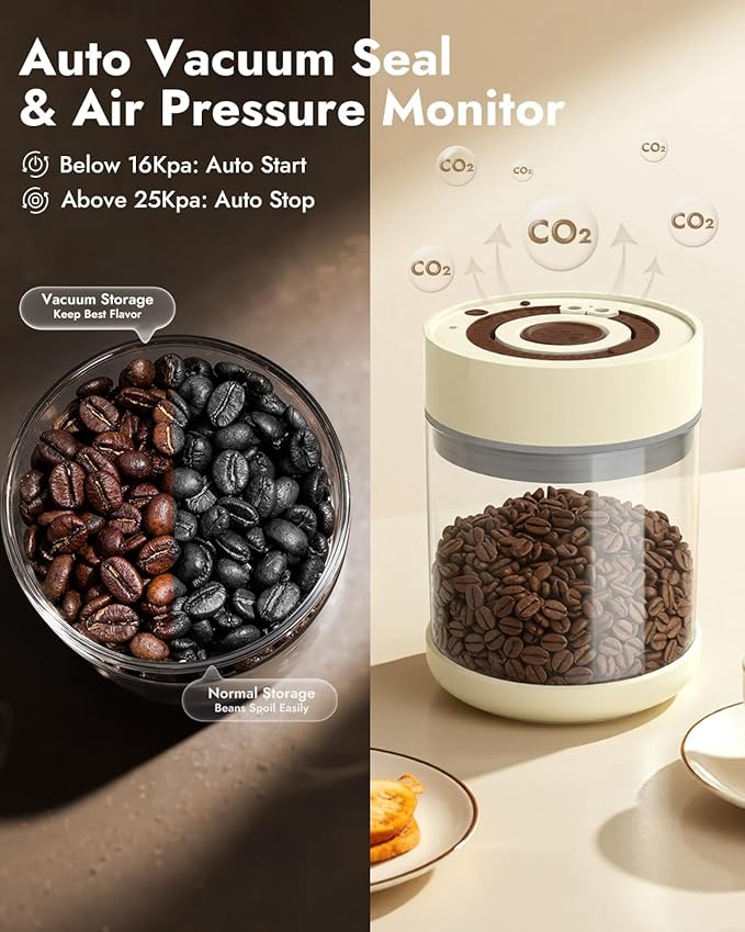 Electric Vacuum Coffee Canister & Food Storage Jar ??One-Button Operation Auto Airtight Sealed Coffee Container, 34 fl oz for 0.9 lb Beans