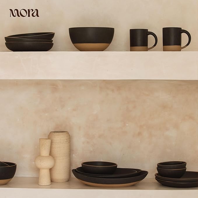 MORA Medium Bowls Set of 4, 28oz Ceramic Pottery Everyday Bowls - Microwave, Oven and Dishwasher Safe - Liquorice
