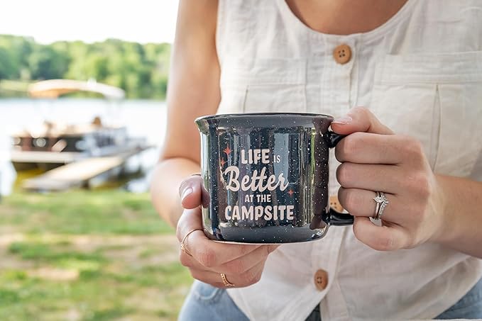 Camco Life is Better at The Campsite Ceramic Coffee Mug - Microwave and Dishwasher Safe - Features Speckled Blue Background with Life is Better at the Campsite Design - Coffee Cup Holds 14oz. (53473)