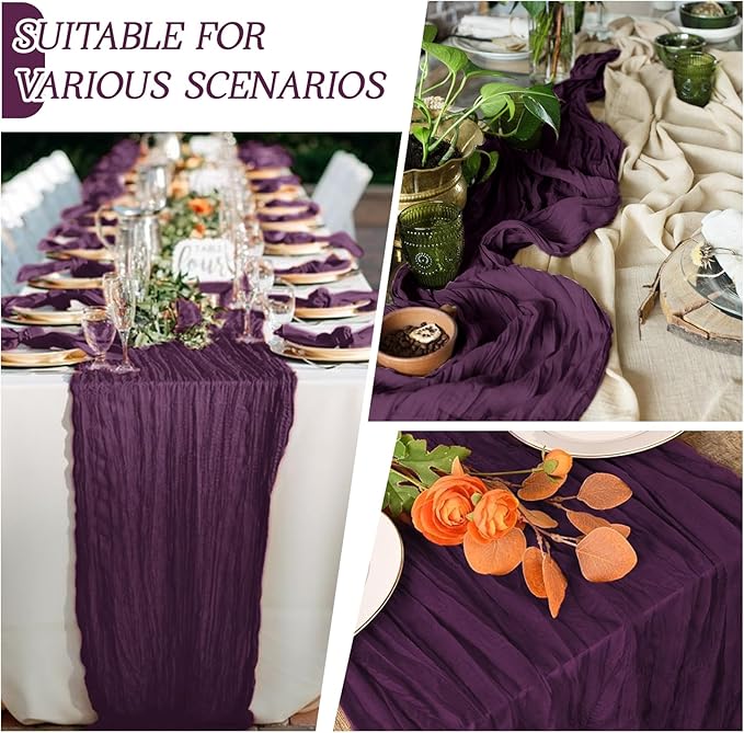 RealBox 3 Pack Dark Purple Cheesecloth Table Runner 17x108 Inch Semi Sheer Boho Gauze Cheese Cloth Fabric Table Runners Table Decor for Wedding Party Baby Shower Birthday Home Decor Garden Farmhouse
