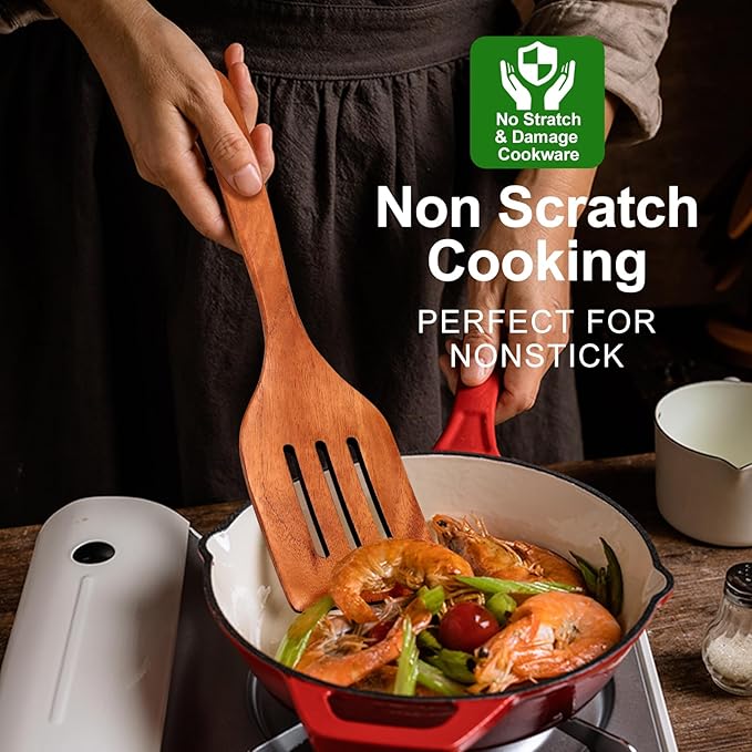 Best Teak Wooden Spatula Set Non Toxic 2 Pcs Wood Kitchen Utensils sets Slotted Turner Spatula Wood Angled Spurtle for Cooking, Flat Frying, Pancake, Egg, Non Stick BPA Free