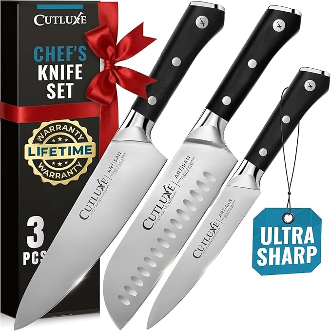 Cutluxe Chef Knife Set, 3 PCS Professional Chef's Knife Set ??Razor Sharp German Steel, Full Tang, Ergonomic Handles - Artisan Series