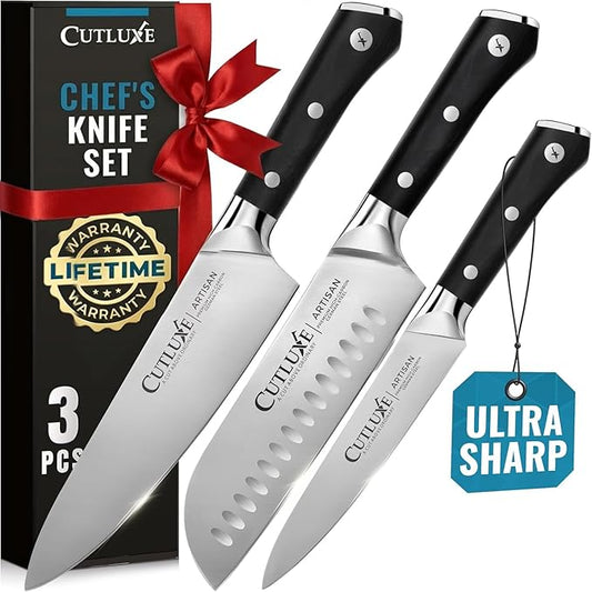 Cutluxe Chef Knife Set, 3 PCS Professional Chef's Knife Set ??Razor Sharp German Steel, Full Tang, Ergonomic Handles - Artisan Series