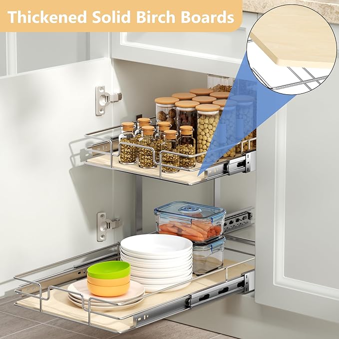 ROOMTEC 2 Tier Individual Pull Out Cabinet Organizer 16쩍"W x 21쩍"D, Slide Out Wood Shelves Organizers, Pull Out Drawers Organization and Storage for Kitchen Cabinet