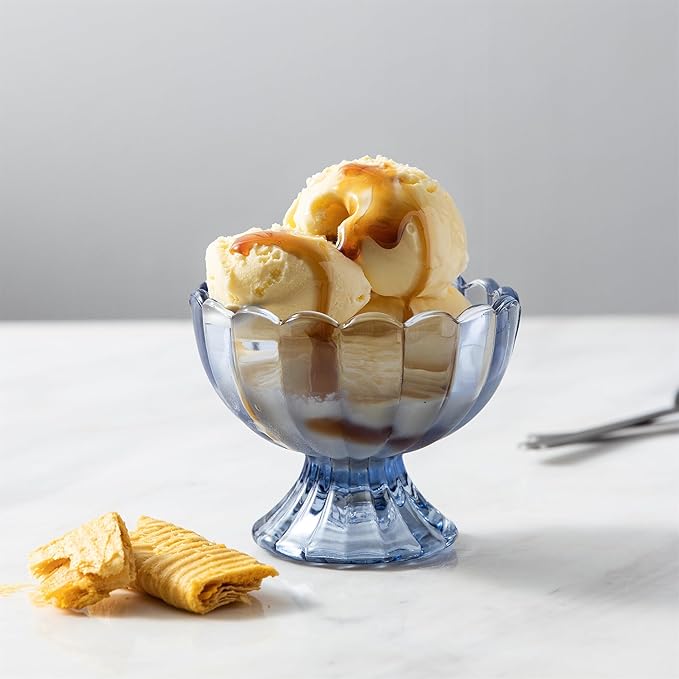 KMwares 6PCs Set 5oz Small Cute Footed Tulip Glass Dessert Bowls/Cups - Perfect for Dessert, Sundae, Ice Cream, Fruit, Salad, Snack, Cocktail, Condiment, Trifle and Christmas Holiday Party (Blue)
