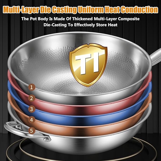Titanium Hammered Wok with Lid, Upgrade Double Handle Non Stick Titanium Pans for Cooking, Ultra-Durable, Scratch-Resistant, Even Heating Frying Pans, Compatible with All Cooktops,with lid,14