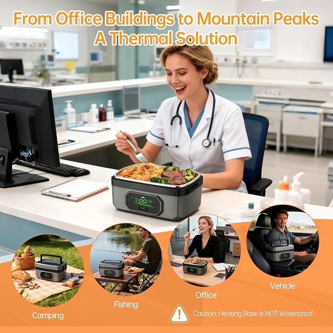 2025 Upgraded Model: 24000mAh Rechargeable Cordless Electric Lunch Box for Adults, 1.6L Food Warmer with Timer & Leak-Proof, Portable Self-Heating Container for Office, Car, Travel, Outdoor