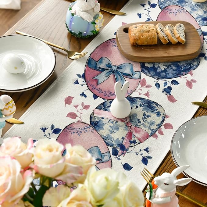 Artoid Mode Eggs Flowers Bow Leaves 210 GSM Easter Table Runner, Seasonal Floral Kitchen Dining Table Decoration for Home Party Decor 13x48 Inch