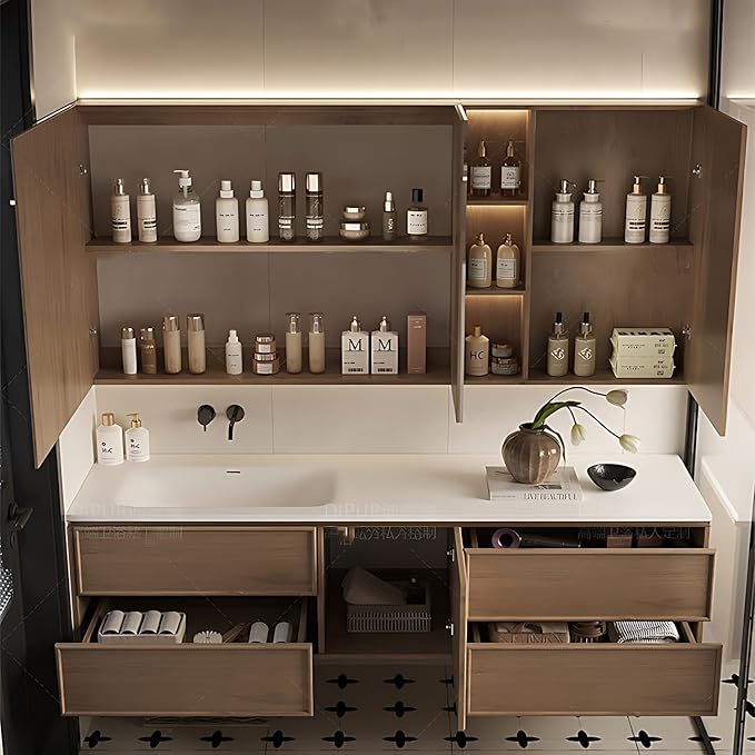 Floating Bathroom Vanity with Sink - Modern Bathroom Vanity - Includes LED Smart Defogging Medicine Cabinet & Drawer - Multi-Layer Solid Wood | Wall-Mounted