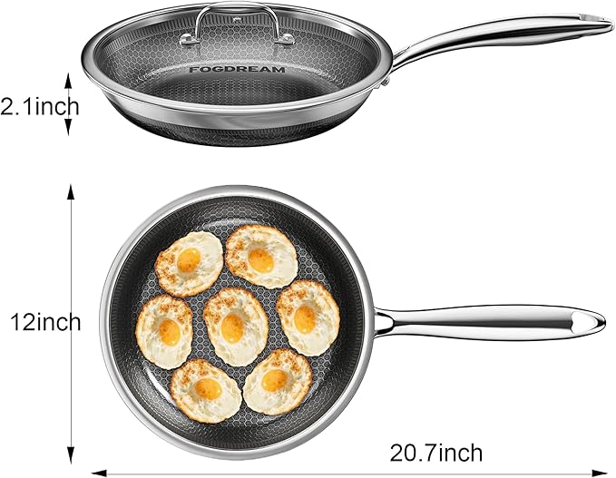 Fogdream 12??Non Stick Frying Pans, Stainless Steel Skillet with Lid, Tri-Ply Stainless Steel for All Cooktops, Dishwasher and Oven-Safe Cooking Pan, Stay-Cool Handle, Silver