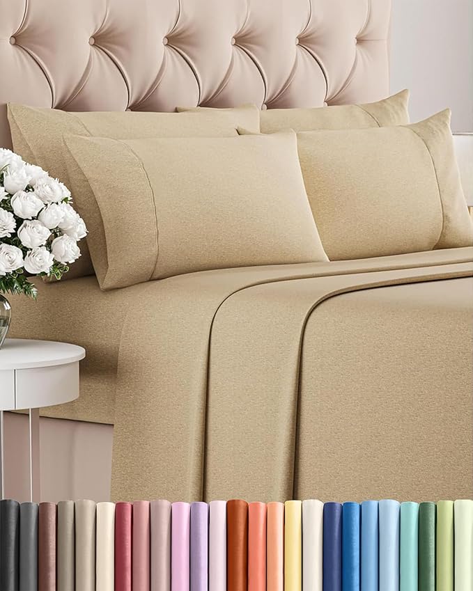 King 6 Piece Sheet Set - Cooling & Breathable Bed Sheets - Hotel Luxury Bed Sheets for Women, Men, Kids & Teens - Bedding w/Deep Pockets & Easy Fit - Soft & Wrinkle Free - King Heathered Tan Sheets