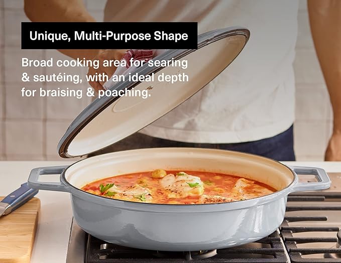 Misen 5.5 QT Braiser ??Enameled Cast Iron Pan for Searing, Braising & Slow Cooking ??No-Chip Enamel Coating ??Extra-Wide Handles ??Superior Heat Retention & Even Cooking - Gray