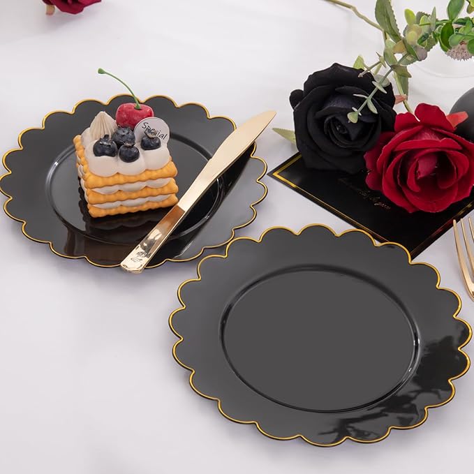 SUT 72 PCS Black Plates,Black Plastic Plates with Gold Rim, plastic Plate for Party, 7.5 inch Dessert plate, Disposable plate for Party