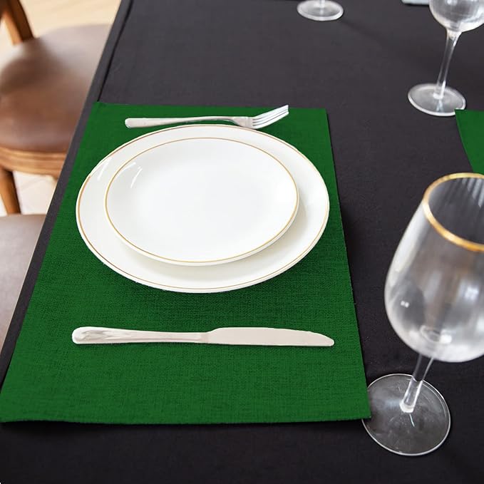 Rinpon Cloth Green Placemats Set of 8, Linen Type Fabric Placemats Machine Washable Heat Resistant Placemats Polyester Place Mats for Halloween, Thanksgiving and Christmas Dining Table (Forest Green)