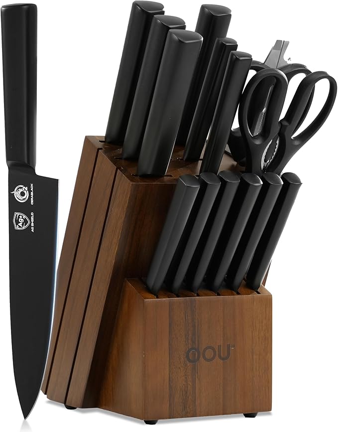 OOU Kitchen Knife Block Set - 15 Pieces High Carbon Stainless Steel Chef Knife Sets, Anti-Rust Black Knives Set with Built-in Sharpener Block, Brown