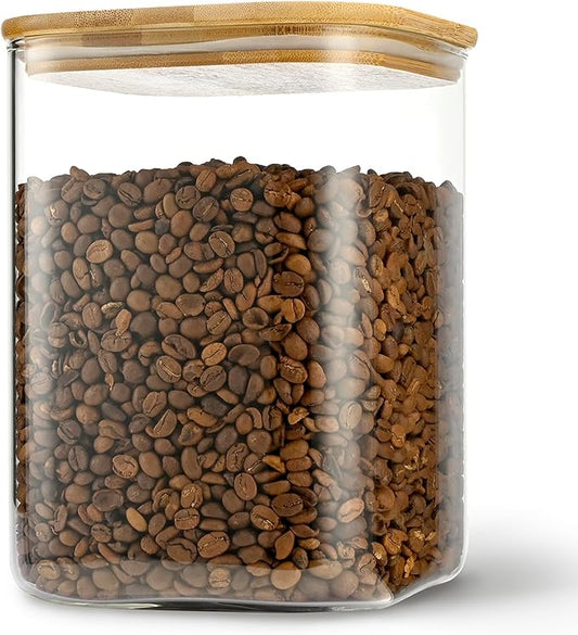 122oz Airtight Glass Square Storage Canister with Bamboo Lid Set of 1 (3600ml) Gallon Glass Jars Large Kitchen Canister for Sugar, Flour, Cookies and Coffee beans (?럚ith Black Lable)