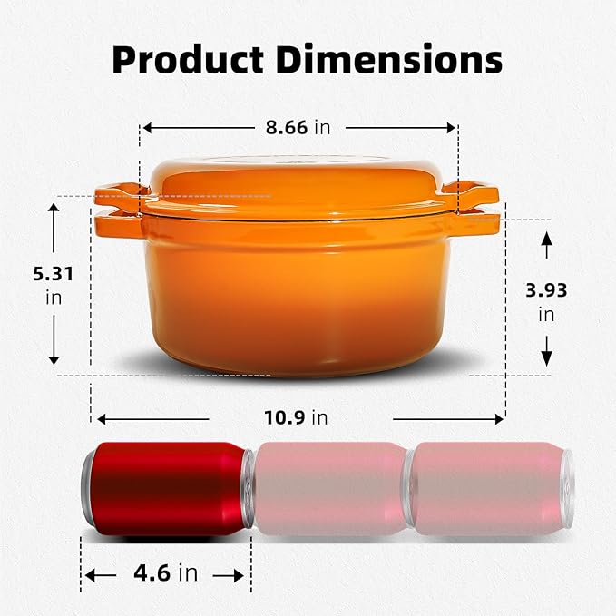 2-in-1 Enameled Cast Iron Braiser Pan with Grill Lid 5-Quart Small Dutch Oven, Non-Stick Cookware Multi Cooker for Bread Baking Cooking Stewing, Suit for All Cooktops, Dual Handles & Oven Safe, Orange