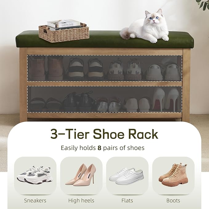 Zihanhome Shoe Rack Bench with Leather Cushion, 2 Tier Solid Wood Storage Bench, Mid-Century Modern Shoe Bench for Entryway, Hallway, Closet, Front Door Entrance, Foyer (Green, 39.4")