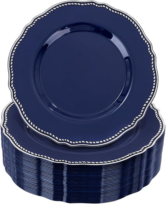 Hioasis 60pcs Blue Plastic Plates - Blue and Silver Disposable Dinnerware with Gold Rim, Heavy-duty, 7.5 inch, Dessert Plates for Party & Christmas