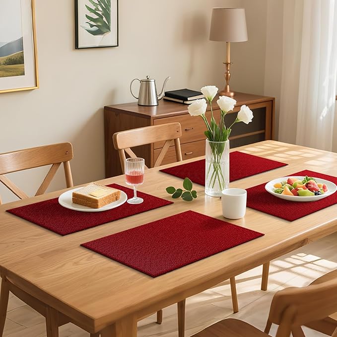 Blue Forest | Rectangular Faux Linen Placemats Set of 6 | Dual- Layered Thickened for Durability | Heat Resistant | Machine Washable | Wrinkle Free for Easy Care Indoor/Outdoor Use - Red