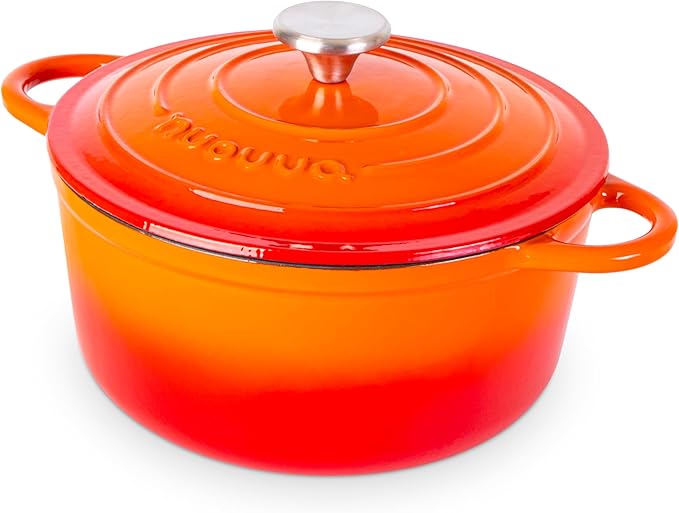 Cast Iron Pot with Lid ??Non-Stick Ovenproof Enamelled Casserole Pot, Oven Safe up to 500째 F ??Sturdy Dutch Oven Cookware ??Orange, 5-Quart, 24cm ??by Nuovva