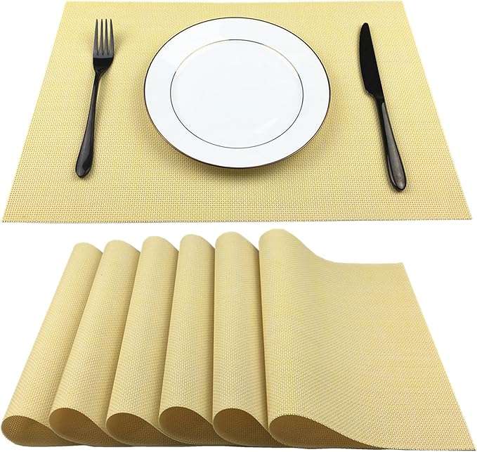 WAZAIGUR Placemats,Easy to Clean Crisscross Woven Vinyl Place Mats Durable Non-Slip Heat Resistant Table Mats,Placemats for Kitchen Table Set of 6,Yellow