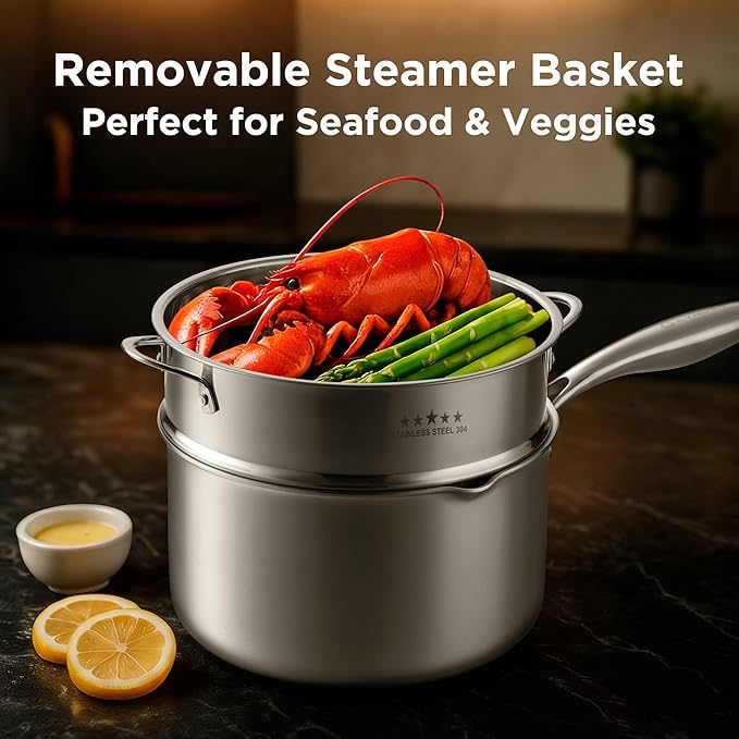 Tri-Ply Stainless Steel Sauce Pan with Steamer Basket & Straining Glass Lid??2-in-1 Multi-Function Pot for Steaming, Boiling & Simmering ??Healthy, Durable, Rust-Resistant, Professional-Grade Cookware