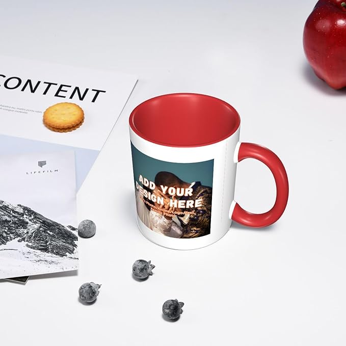 Customizable Mugs and Coffee Cups with Various Creative Designs Customize Your Photos Images Texts Partial or Full-Size Printing (Partial, Red)