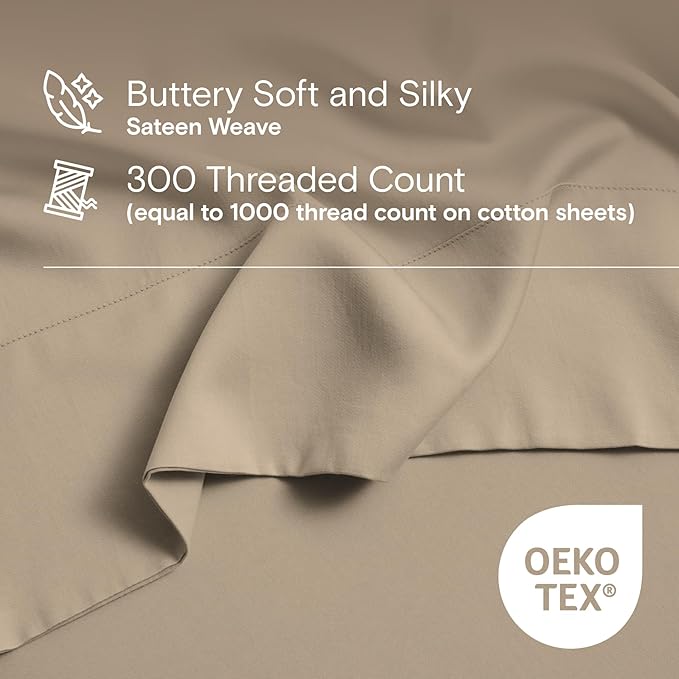 DOZ Sheet Set, 100% Viscose derived from Bamboo, Organically Grown, Buttery Soft, Cooling Sheets, High GSM, Deep Pockets - 4 Piece - 2 Pillowcases 1 Fitted 1 Top Sheet (Dune, Cal King)
