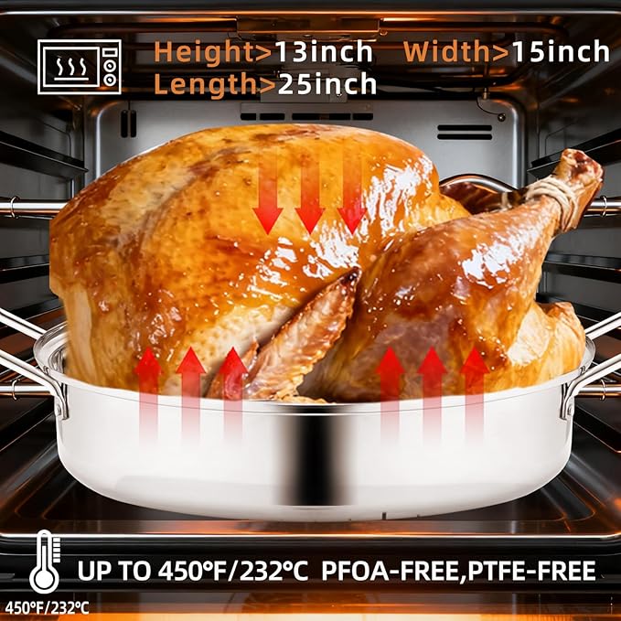 22" Stainless Steel Roasting Pan with Lid and Rack,25LB Capacity,Large Roaster Pan for Oven,Nonstick Roasting Pan for Turkey,Chicken,Gifts for Mom,Wife
