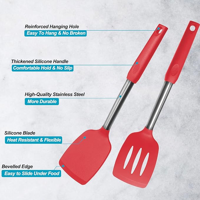 Silicone Spatula and Cooking Spoon,5 Pack Non-Stick Cooking Utensils for Kitchen竊똇eat Resistant Solid & Slotted Spoons and Spatulas, Stainless Steel Handle Coated with Silicone,Red