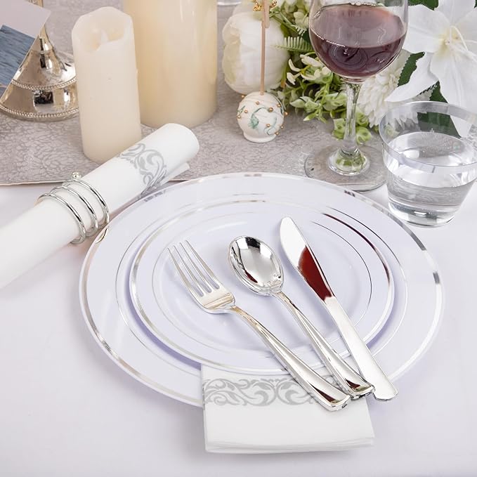 I00000 700 Piece Silver Dinnerware Set for 100 Guests-100 Dinner Plates, 100 Dessert Plates, 100 Disposable Cups 10 oz, 100 Paper Napkins, 100 Plastic Silverware Set Perfect for Party & Wedding