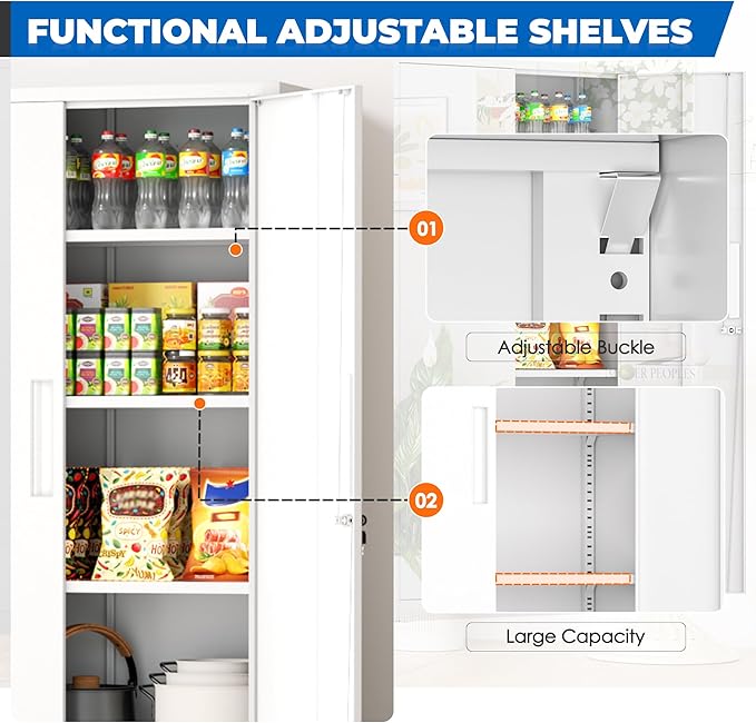 INTERGRAET 63" Tall Pantry Cabinet,Kitchen Pantry Storage Cabinets with 2 Doors and 4 Shelves,White Metal Storage Cabinet,Cupboard for Home,Kitchen,Living Room/Dining