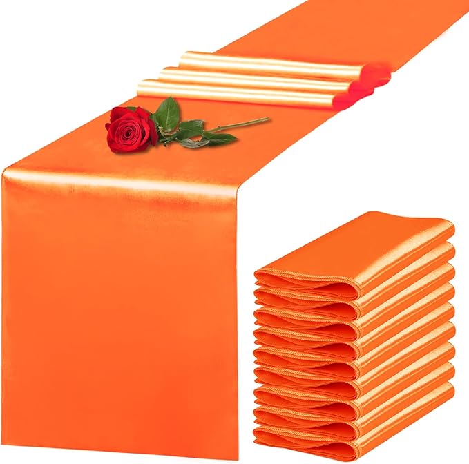 Yblut 10 Pack Satin Table Runner 12 x 108 Inch Long Orange Silk Table Runner for Wedding Party Banquet Birthday Decoration