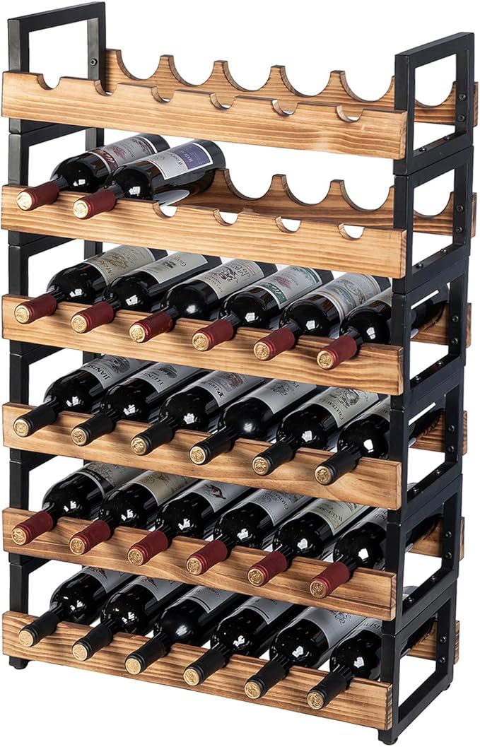 MyGift 6-Tier Wine Rack for 36 Bottles ??Freestanding Industrial Wine Bottle Holder with Burnt Wood Shelves & Black Metal Frame ??Large Horizontal Storage Stand for Home Bar, Kitchen, Cellar