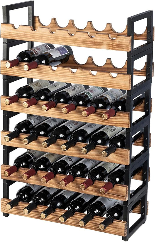 MyGift 6-Tier Wine Rack for 36 Bottles ??Freestanding Industrial Wine Bottle Holder with Burnt Wood Shelves & Black Metal Frame ??Large Horizontal Storage Stand for Home Bar, Kitchen, Cellar