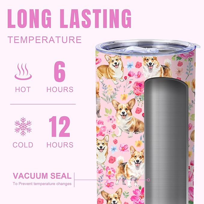Yogusut Corgi Gifts for Women, 20oz Stainless Steel Insulated Tumbler Travel Mug Cup with Lid Straw Brush, Gifts for Dog Mom Dog Lover