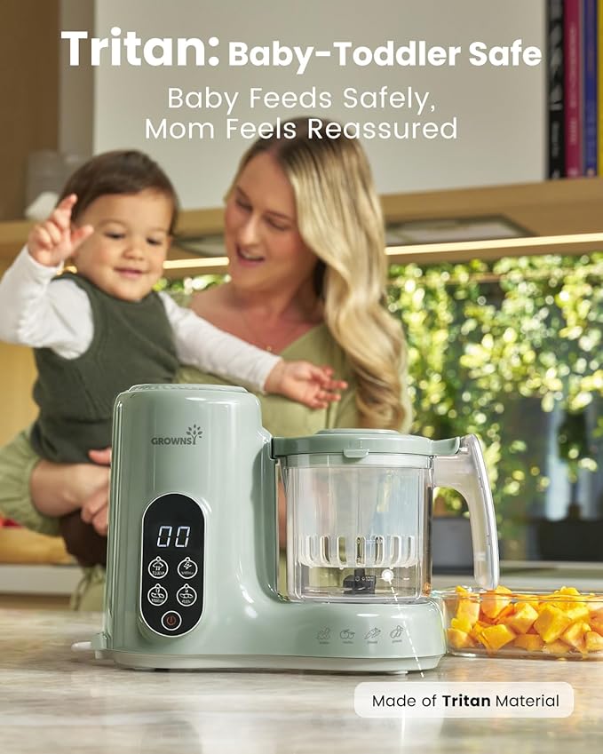 Grownsy Baby Food Maker with Steam Basket, One Step Baby Food Processor Steamer Puree Blender Grinder Mills Machine, Auto Cooking Grinding and Sterili-zing for Healthy Homemade Baby Food, Green