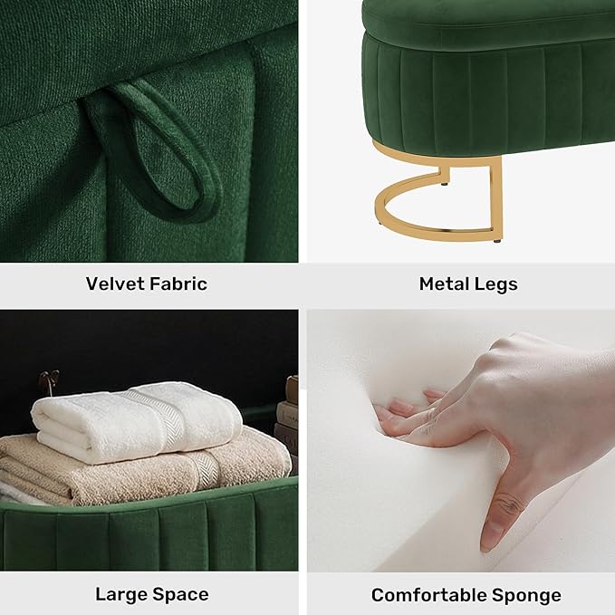 VIROL 51 Inch Storage Ottoman Bench Velvet End of Bed Storage Bench King Size Upholstered Tufted Bench Large Space for Bedroom Living Room Entryway Green