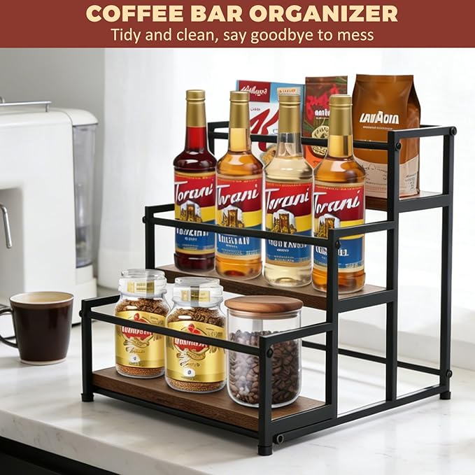 Coffee Syrup Rack Organizer - Metal Bottle Holder for 12 Bottles ??Rustic Countertop Display Shelf for Coffee Bar, Kitchen Cabinet, Pantry Storage for Syrups, Liquor, Spice, Tea & Wine (3-Tier)