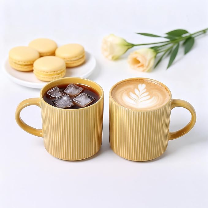 MONITO 16Oz Coffee Mugs Set of 4, Rustic Ceramic Coffee Cups Set with Large Handle, Vintage Striped Stoneware Coffee Mugs for Latte, Cocoa, Tea, Milk, Microwave & Dishwasher Safe, Lemon Yellow