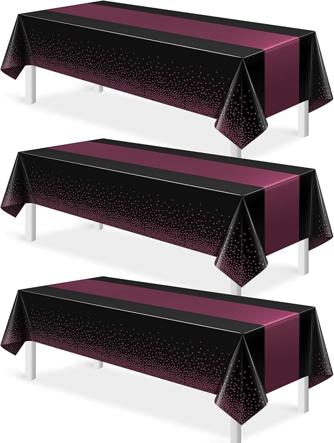 3Pcs Black and Maroon Purple Tablecloth Party Decorations,Plastic Black Table Cloth Printed Maroon Purple Table Runner Disposable Rectangle Table Cover for Birthday Wedding Graduation Party,54x108Inch