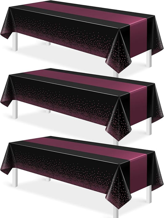 3Pcs Black and Maroon Purple Tablecloth Party Decorations,Plastic Black Table Cloth Printed Maroon Purple Table Runner Disposable Rectangle Table Cover for Birthday Wedding Graduation Party,54x108Inch